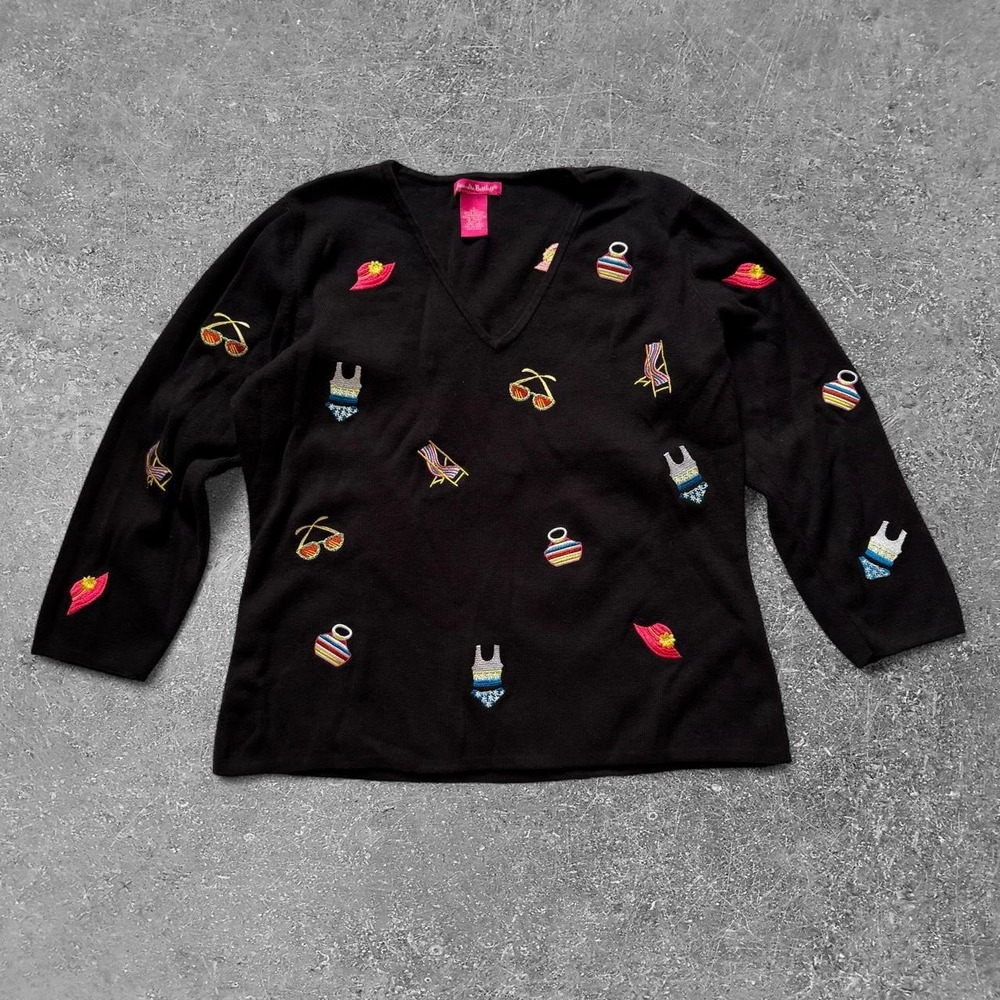 Alexandra Bartlett Black Embroidered Beach V-Neck Sweater Vintage 90s Large